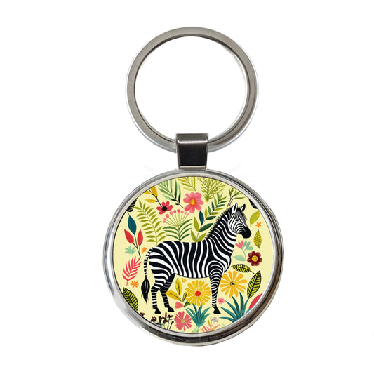Zebra Floral Flowers Motif Round Metal Keychain