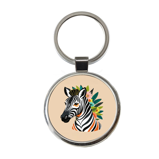 Zebra Head Floral Flowers Round Metal Keychain