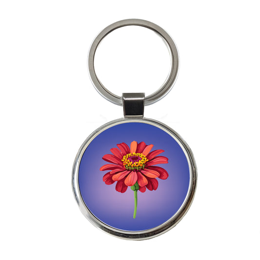 Zinnia Flower Red Watercolor Round Metal Keychain