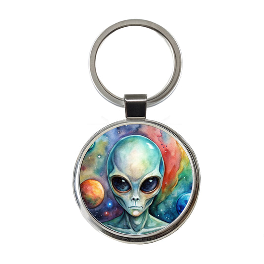 Alien In Space Watercolor Round Metal Keychain
