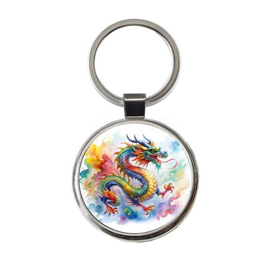Asian Dragon Watercolor Design Round Metal Keychain