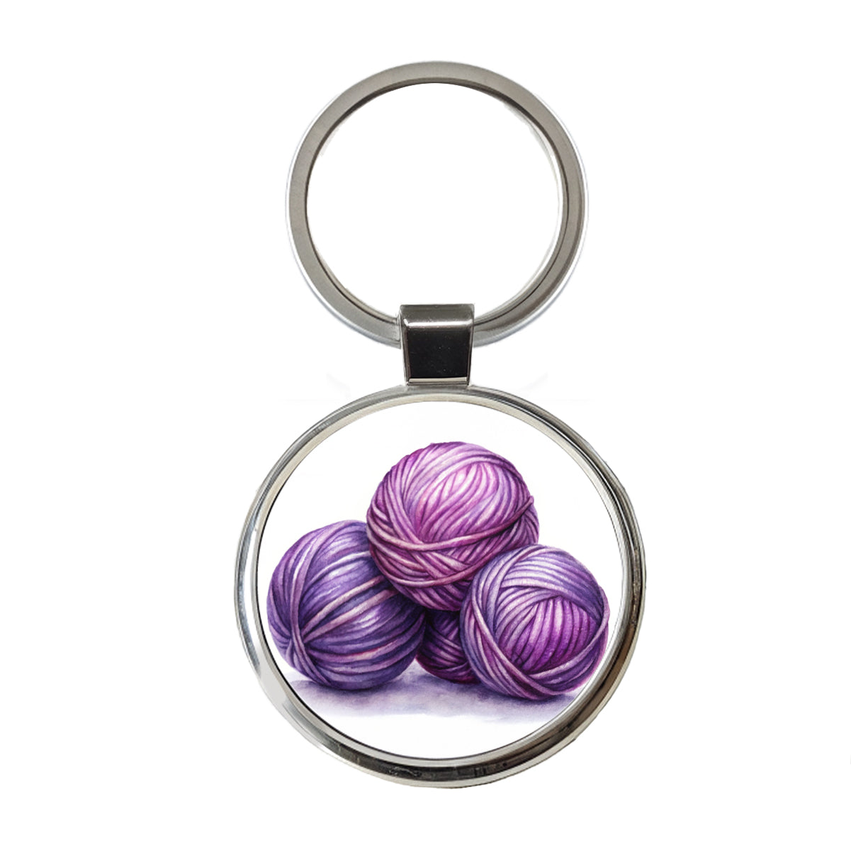 Balls Of Purple Yarn Knitting Crochet Watercolor Round Metal Keychain