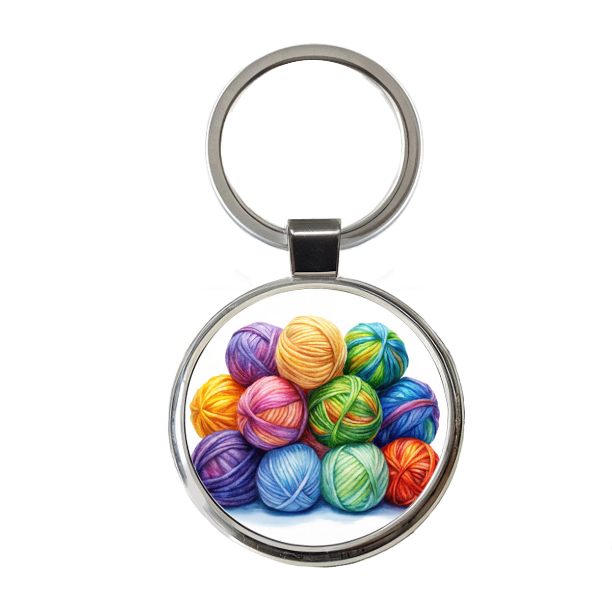 Balls Of Rainbow Yarn Knitting Crochet Watercolor Round Metal Keychain