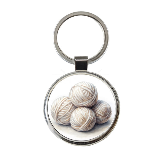 Balls Of White Yarn Knitting Crochet Watercolor Round Metal Keychain