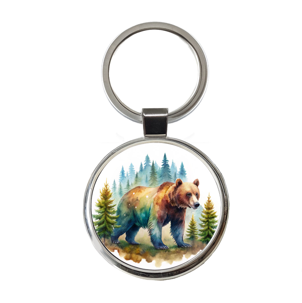 Bear In Forest Watercolor Design Round Metal Keychain