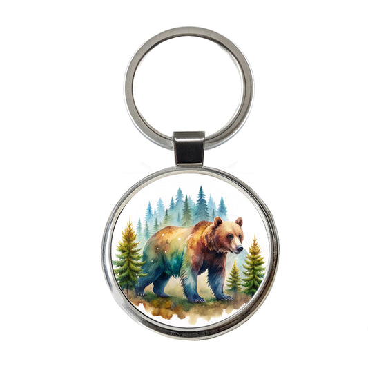 Bear In Forest Watercolor Design Round Metal Keychain