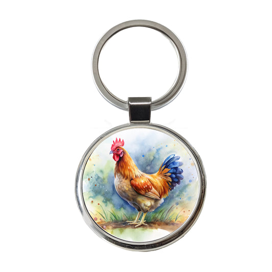 Beautiful Chicken Watercolor Round Metal Keychain