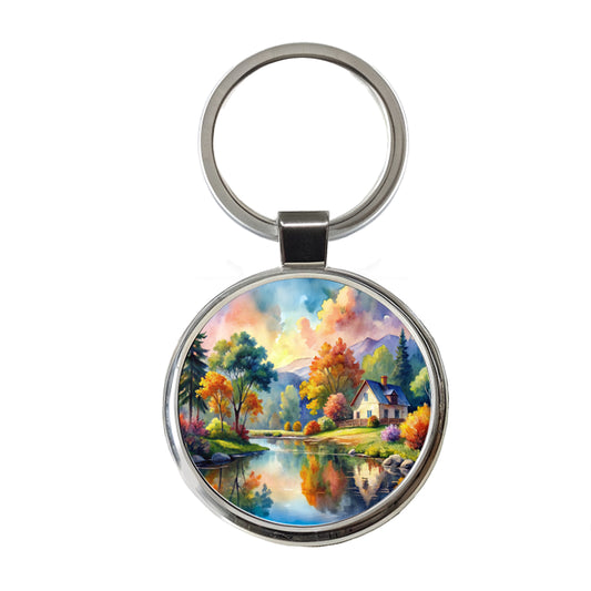 Beautiful Cottage Watercolor Round Metal Keychain