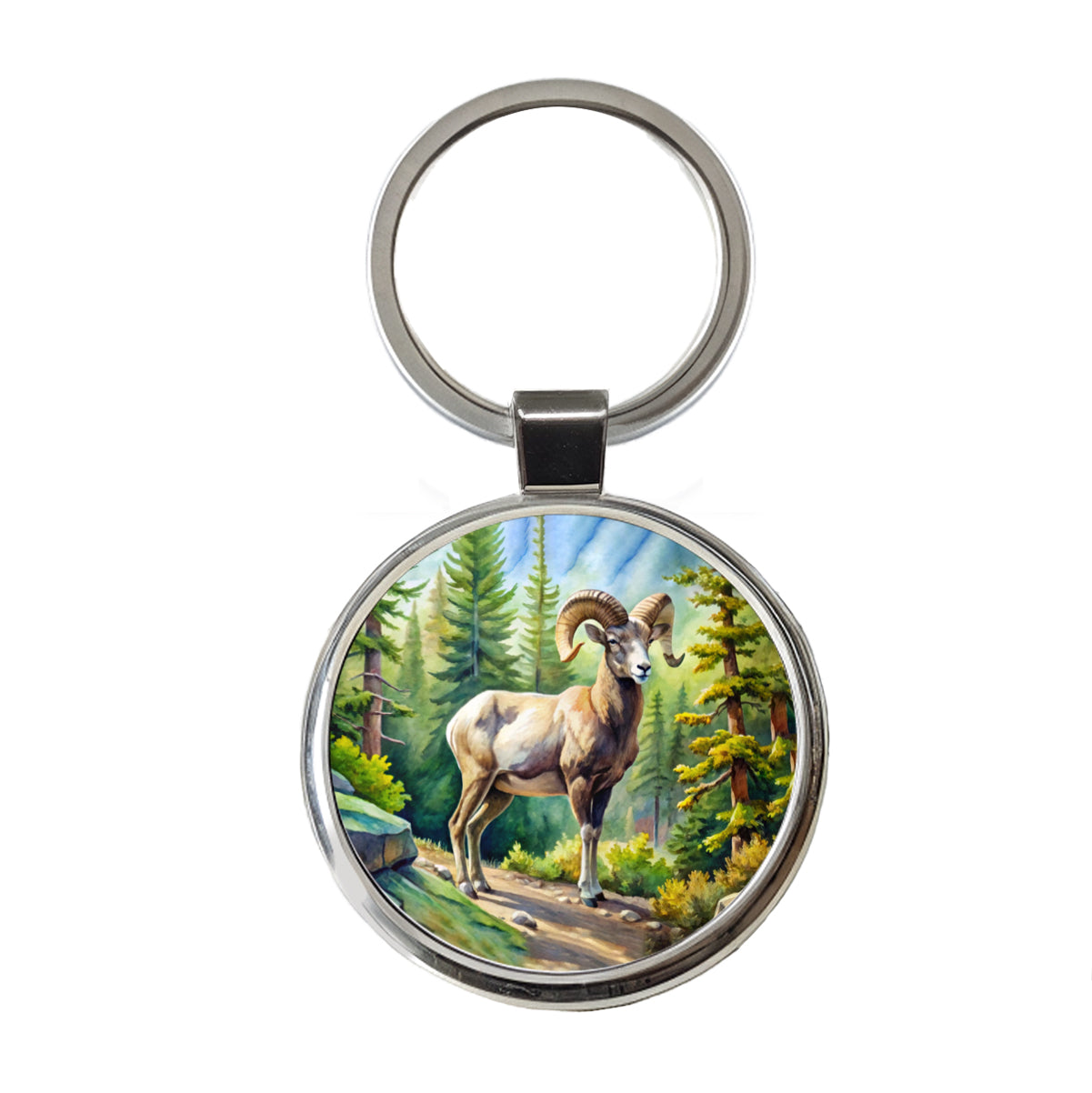 Bighorn Sheep In Forest Watercolor Round Metal Keychain