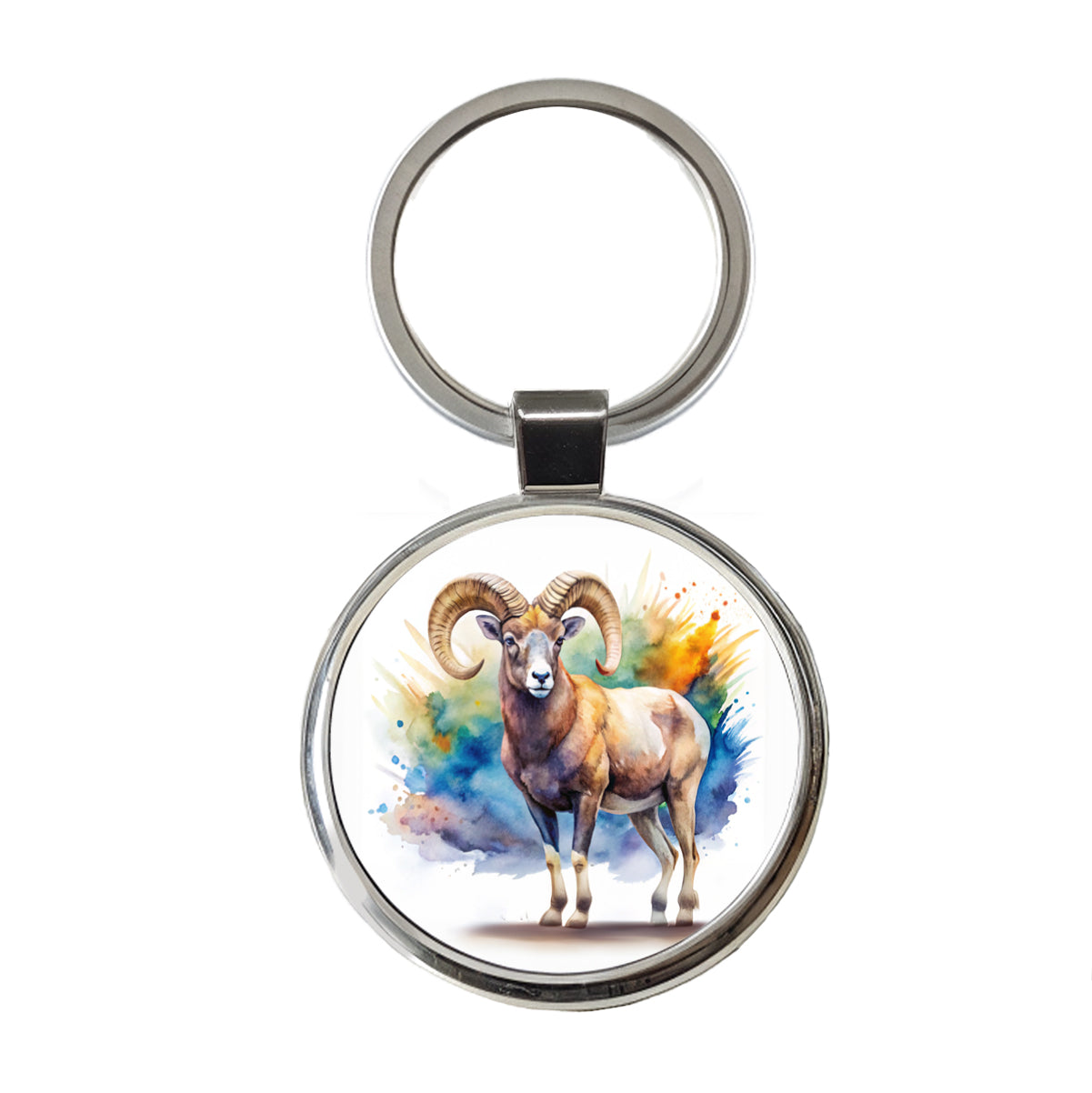 Bighorn Sheep Watercolor Design Round Metal Keychain