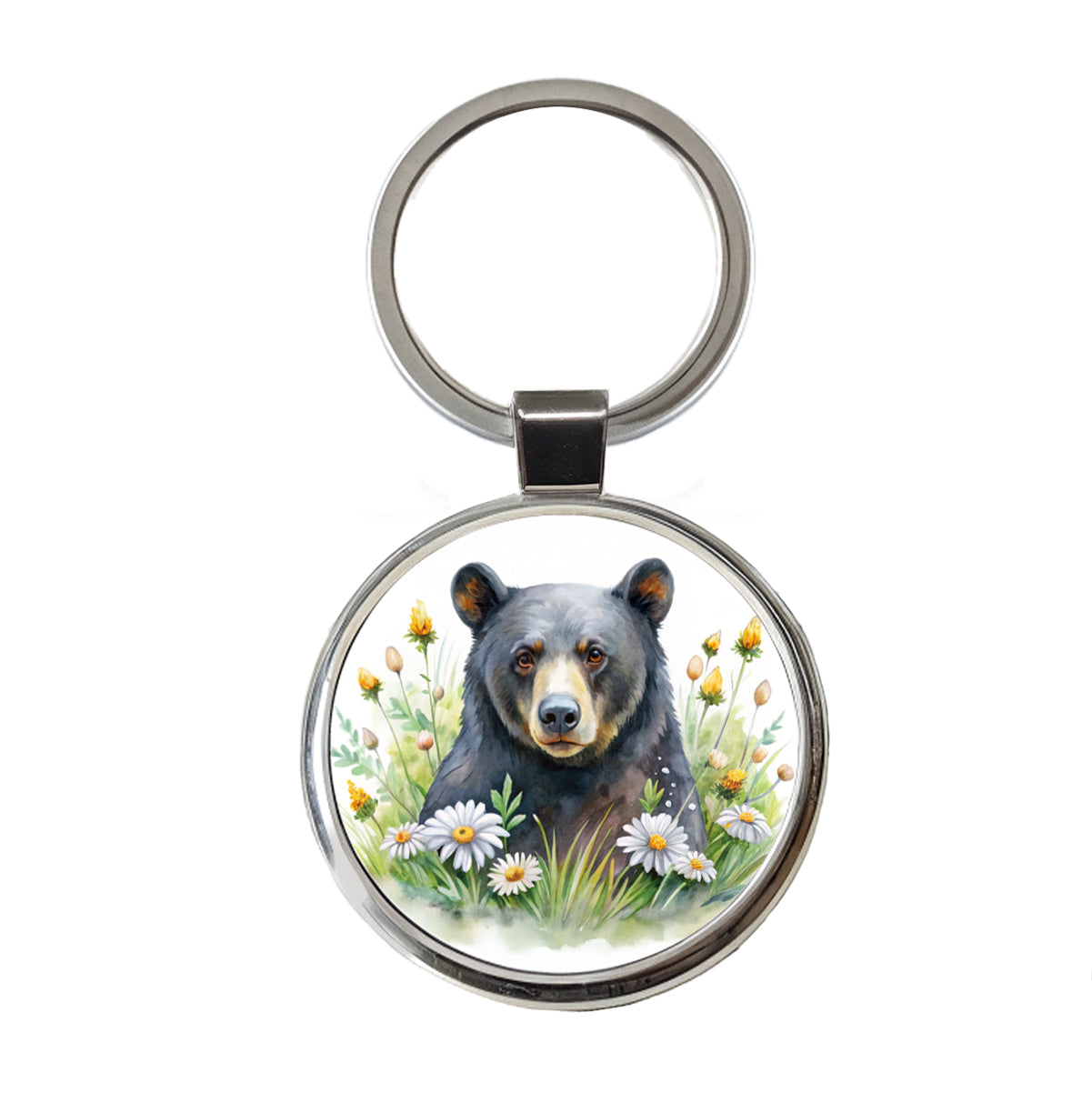 Black Bear Watercolor Design With Daisies Round Metal Keychain