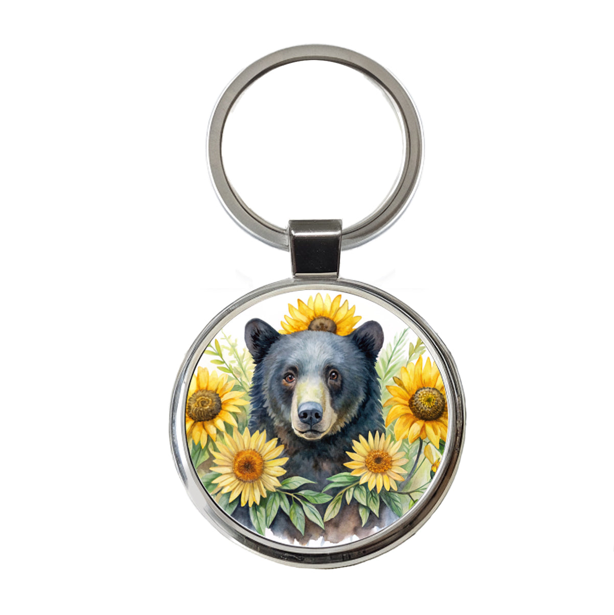 Black Bear Watercolor Design With Sunflowers Round Metal Keychain