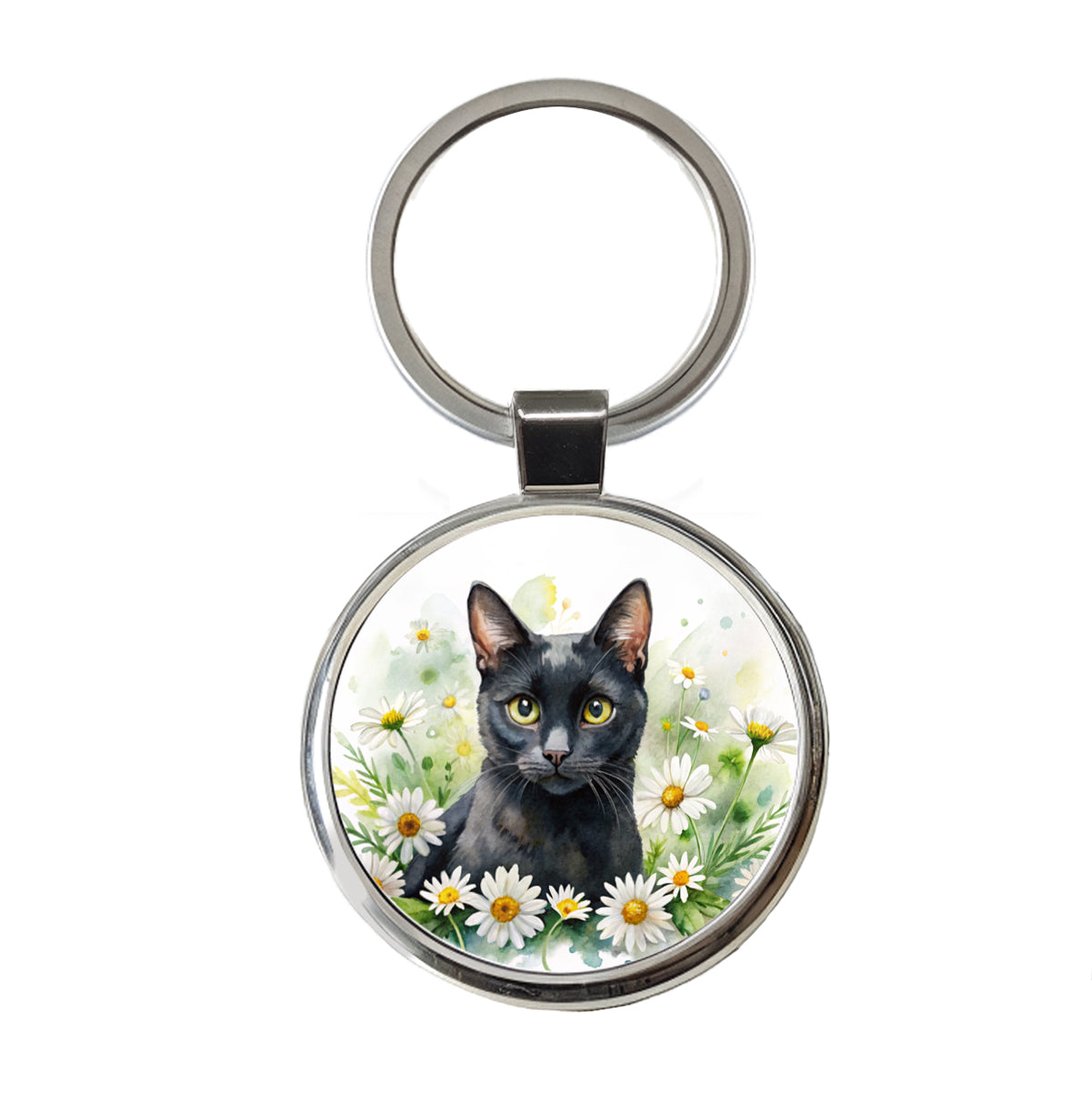 Black Cat Watercolor Design With Daisies Round Metal Keychain