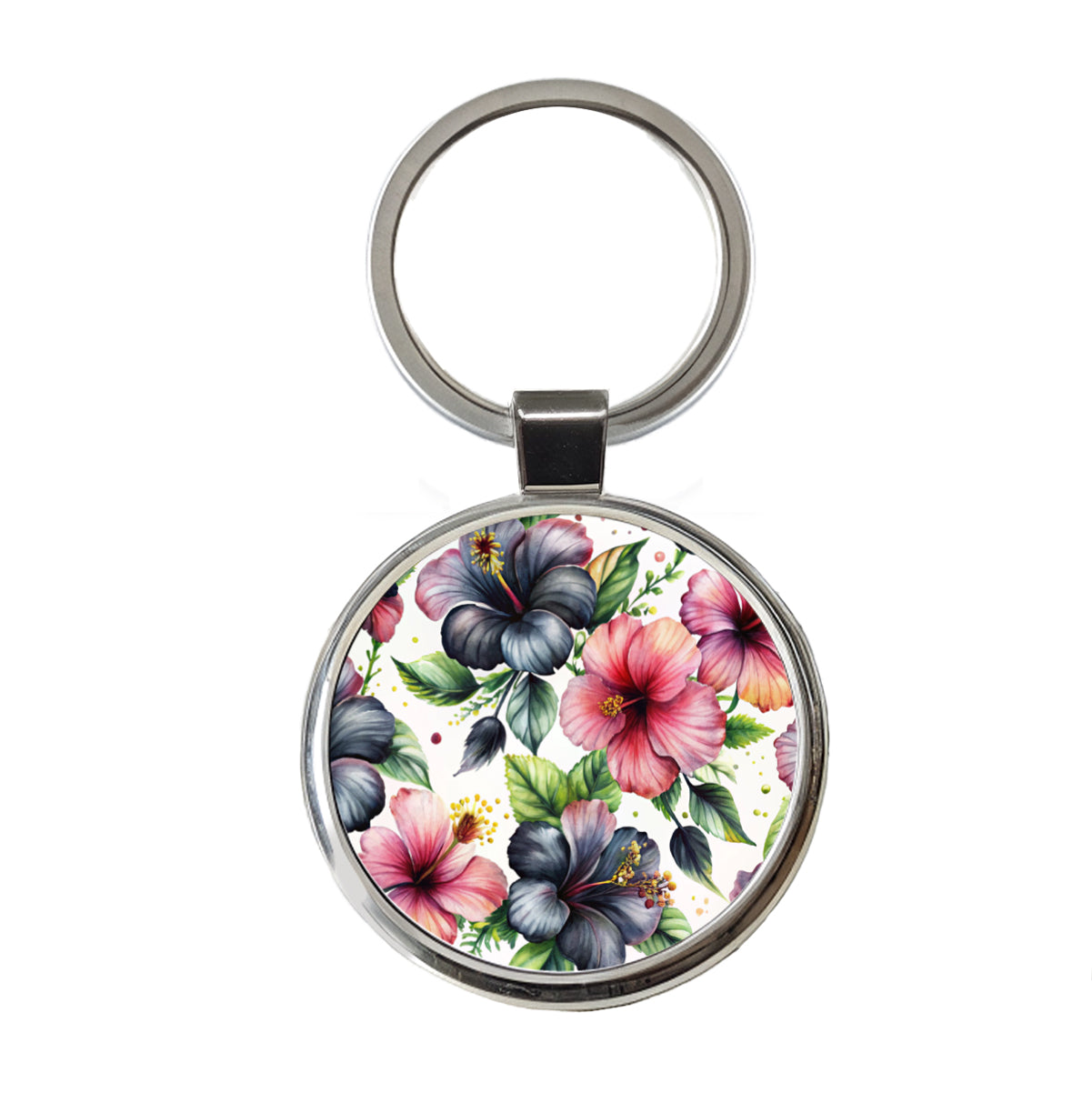 Black Pink Hibiscus Flowers Watercolor Round Metal Keychain