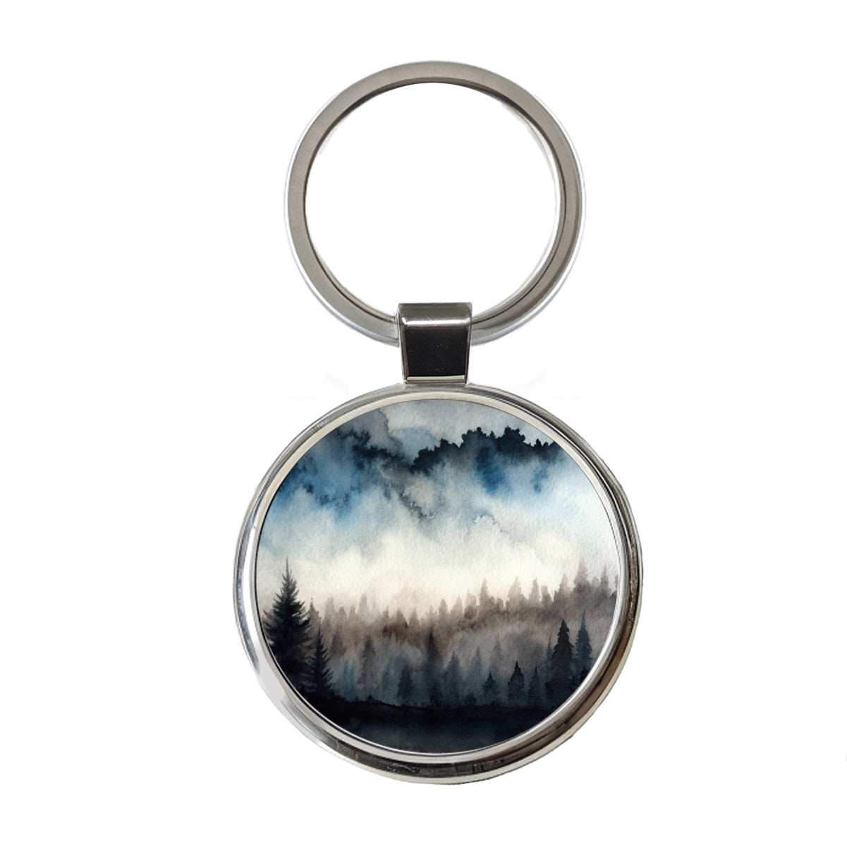 Black Shadow Forest Ombre Watercolor Round Metal Keychain
