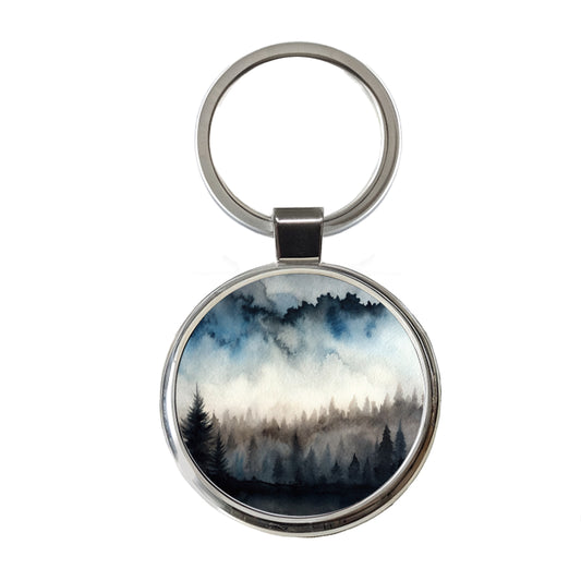 Black Shadow Forest Ombre Watercolor Round Metal Keychain