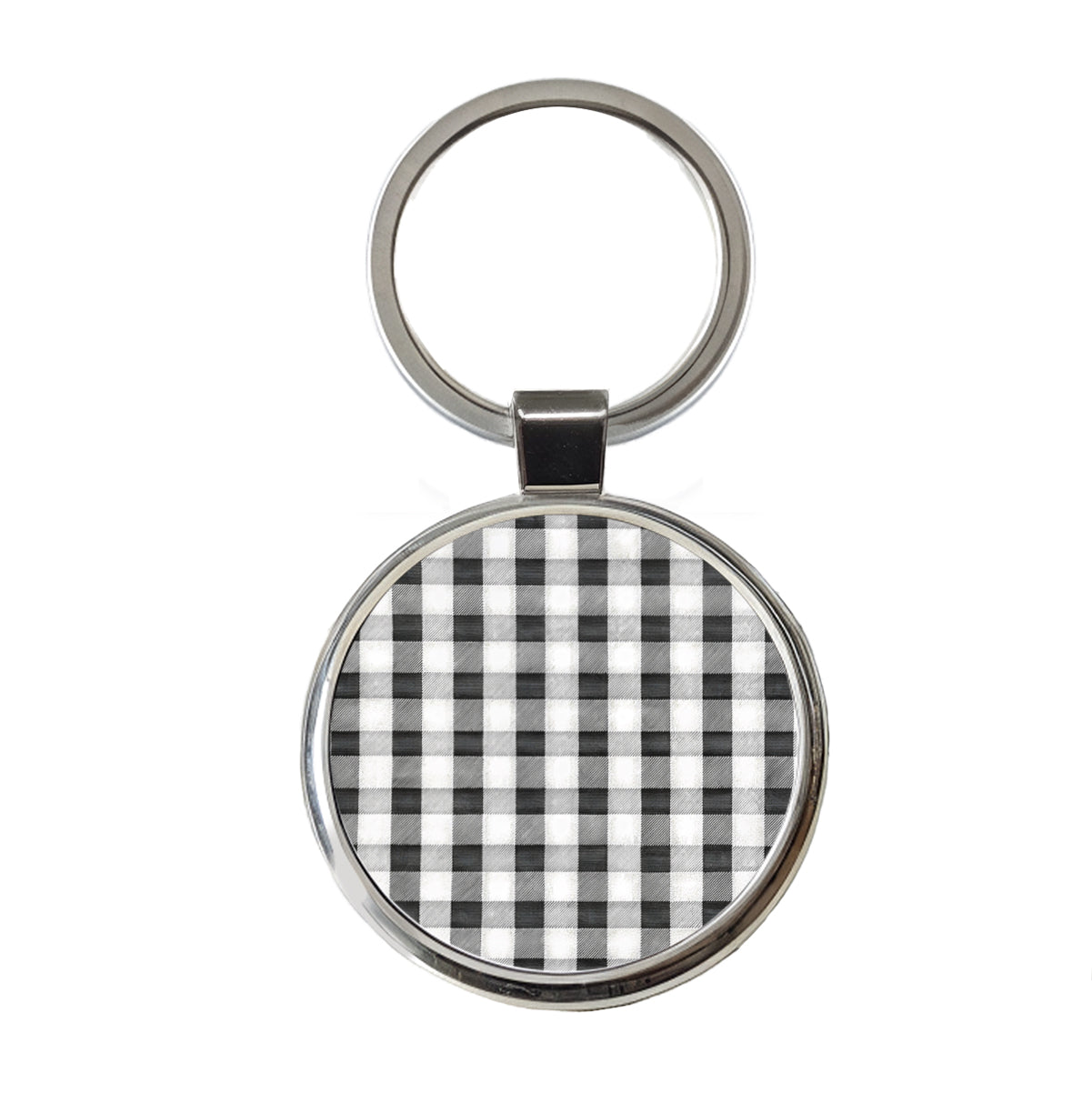 Black White Gingham Watercolor Round Metal Keychain