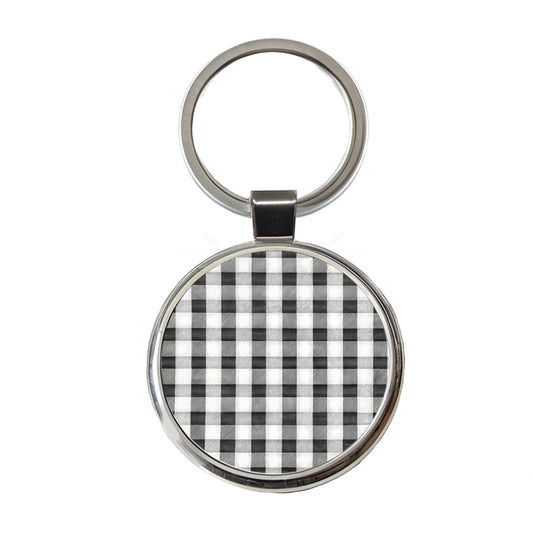Black White Gingham Watercolor Round Metal Keychain