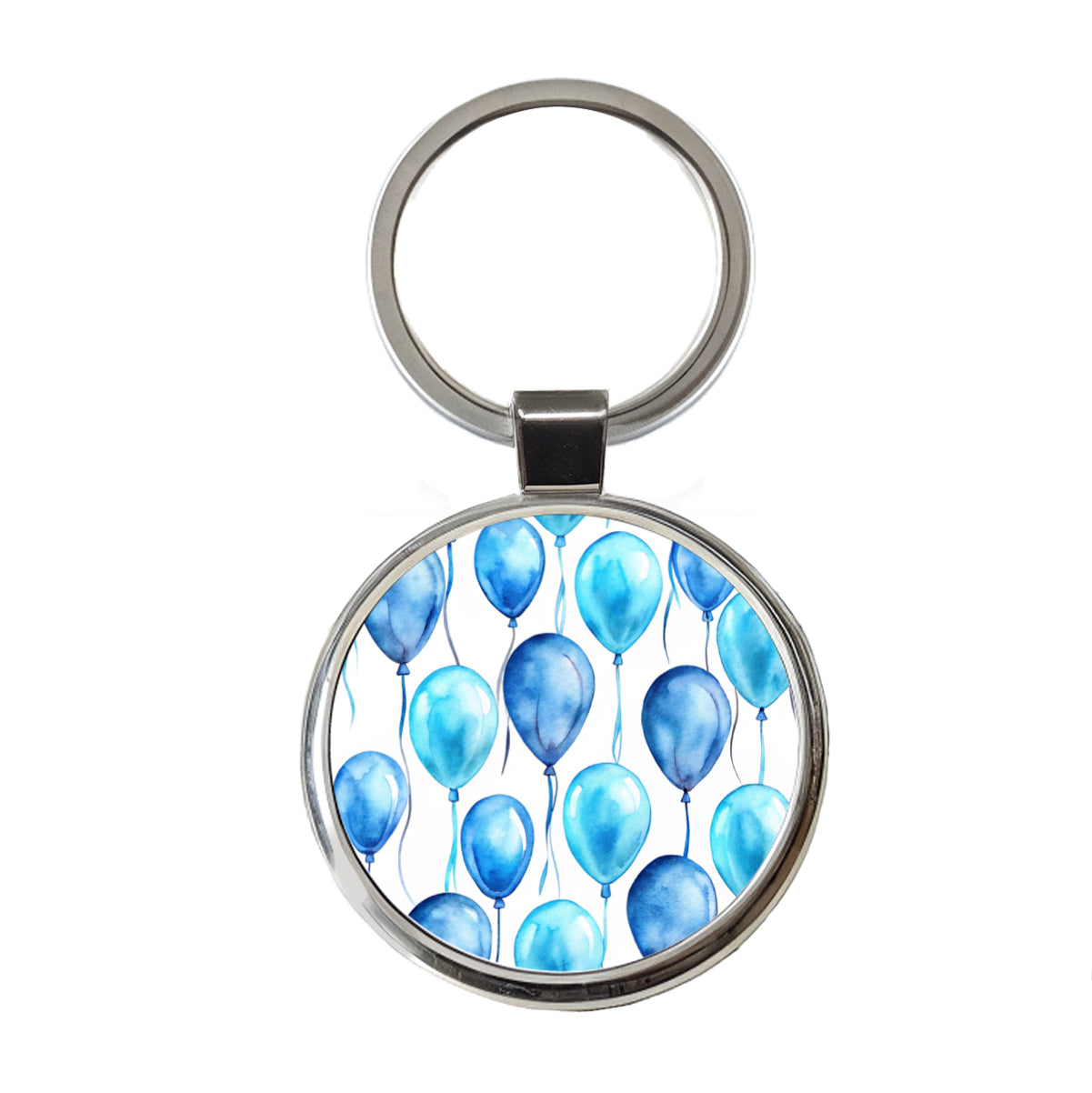 Blue Balloons Watercolor Birthday Round Metal Keychain