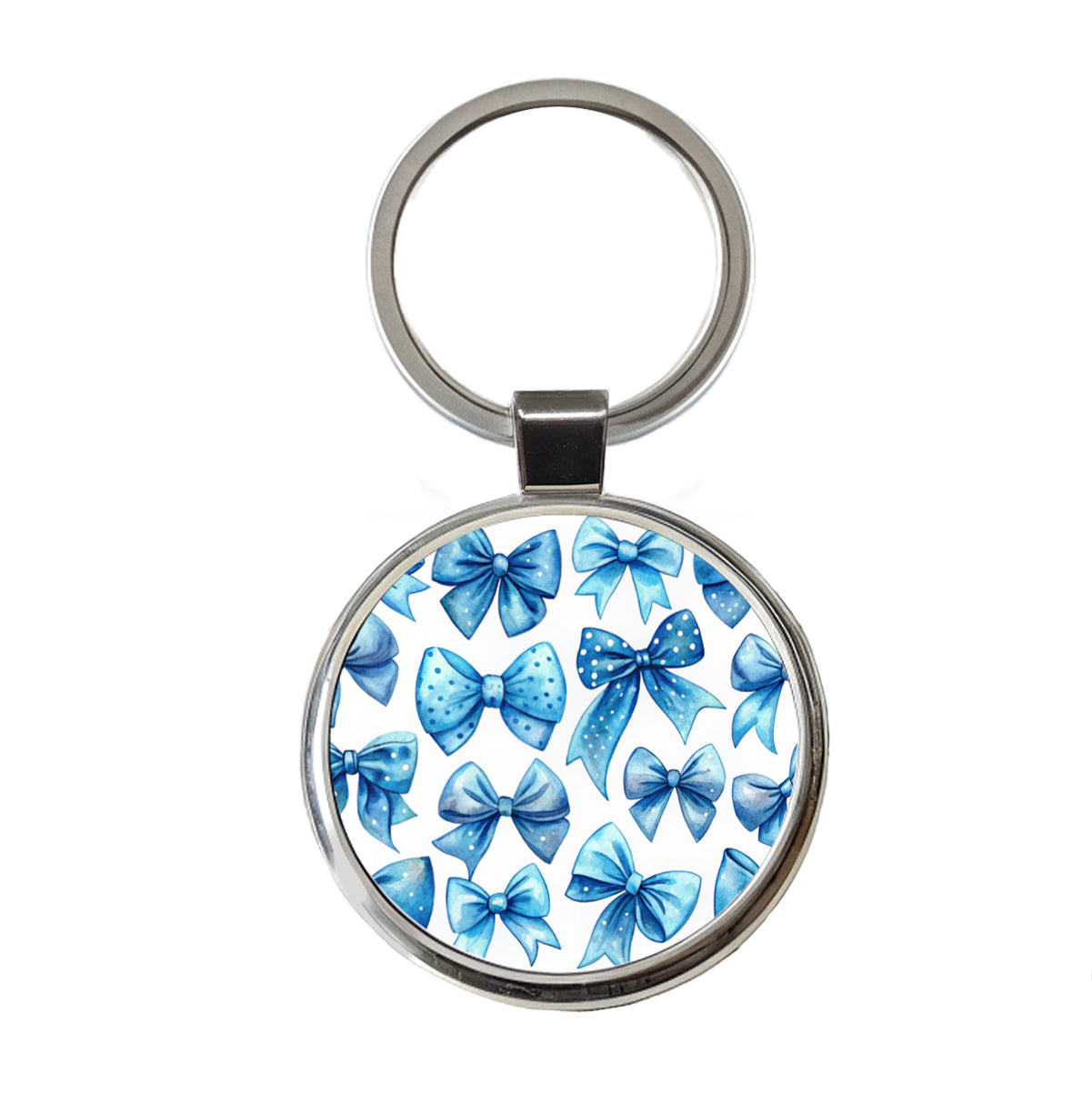 Blue Scattered Coquette Bows Cute Watercolor Round Metal Keychain