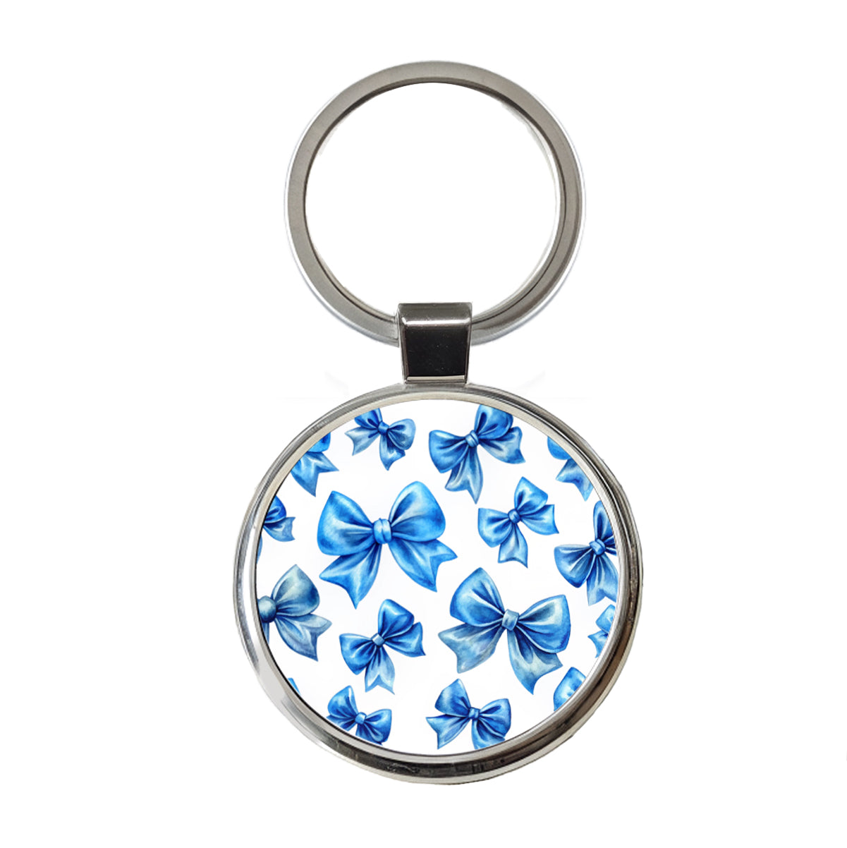 Blue Scattered Coquette Bows Watercolor Round Metal Keychain