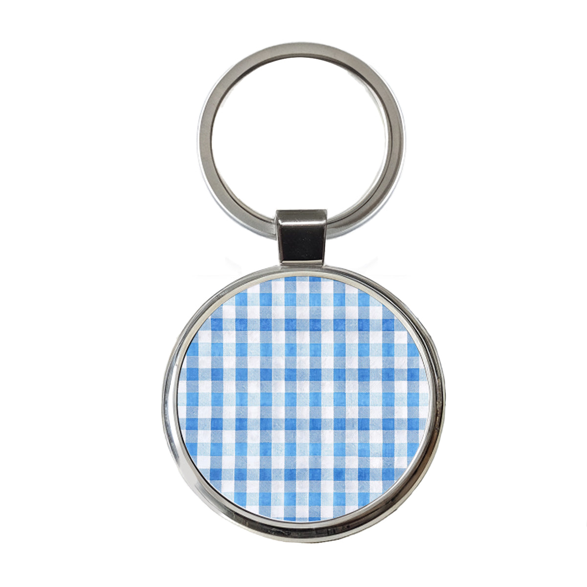 Blue White Gingham Watercolor Round Metal Keychain