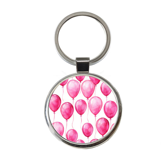 Bright Pink Balloons Watercolor Birthday Round Metal Keychain