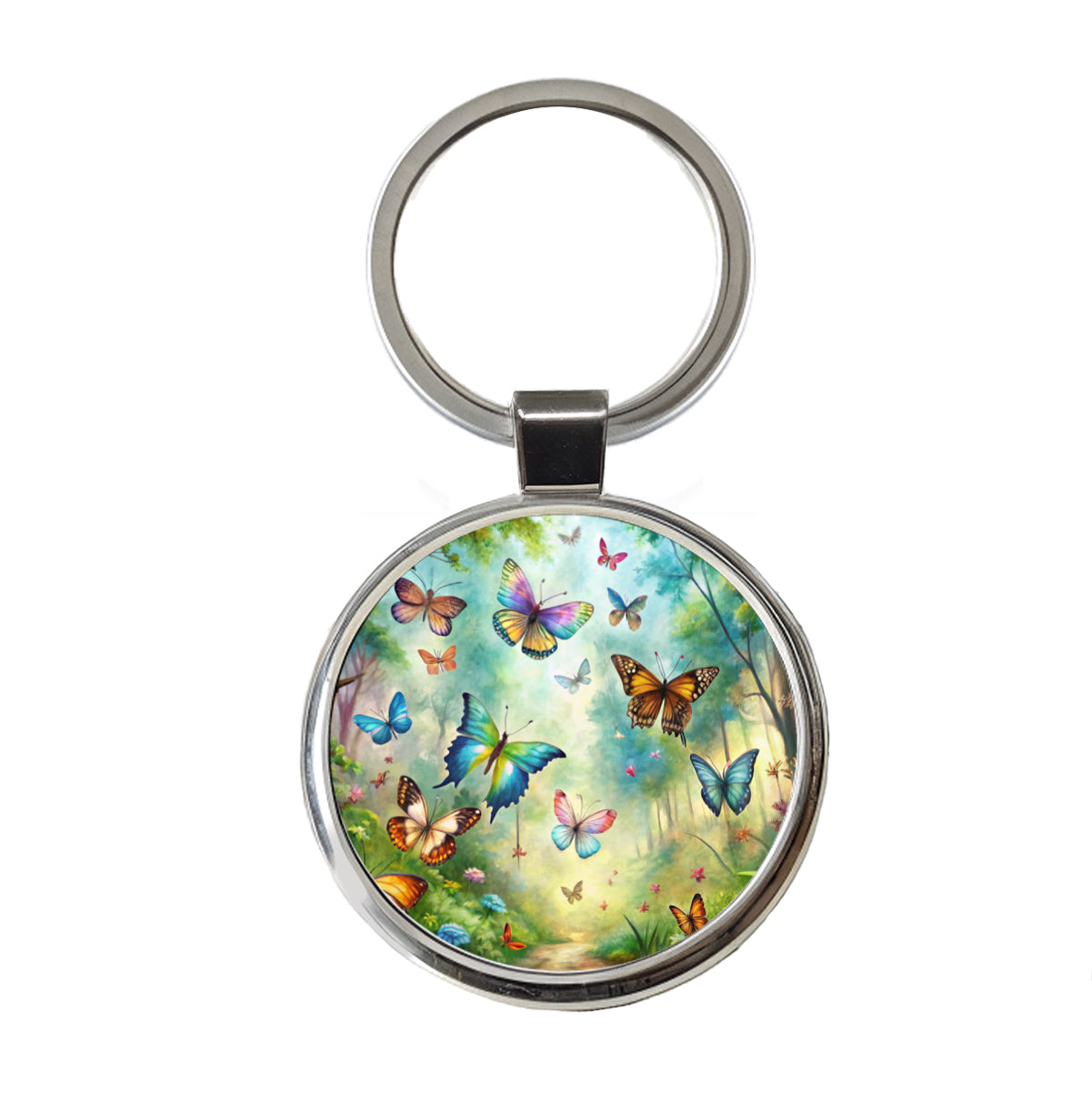 Butterflies In Forest Fantasy Watercolor Round Metal Keychain