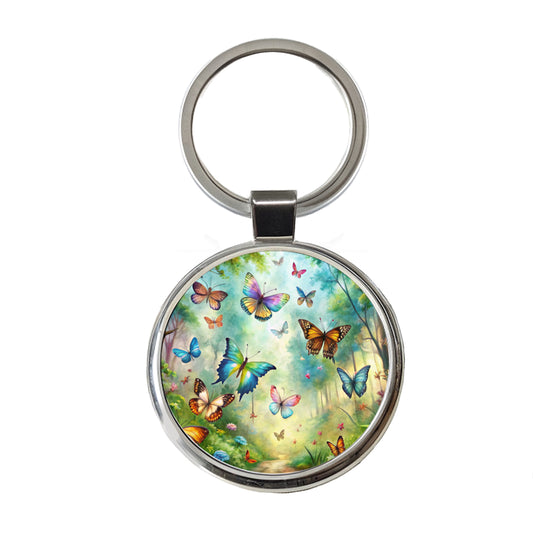 Butterflies In Forest Fantasy Watercolor Round Metal Keychain