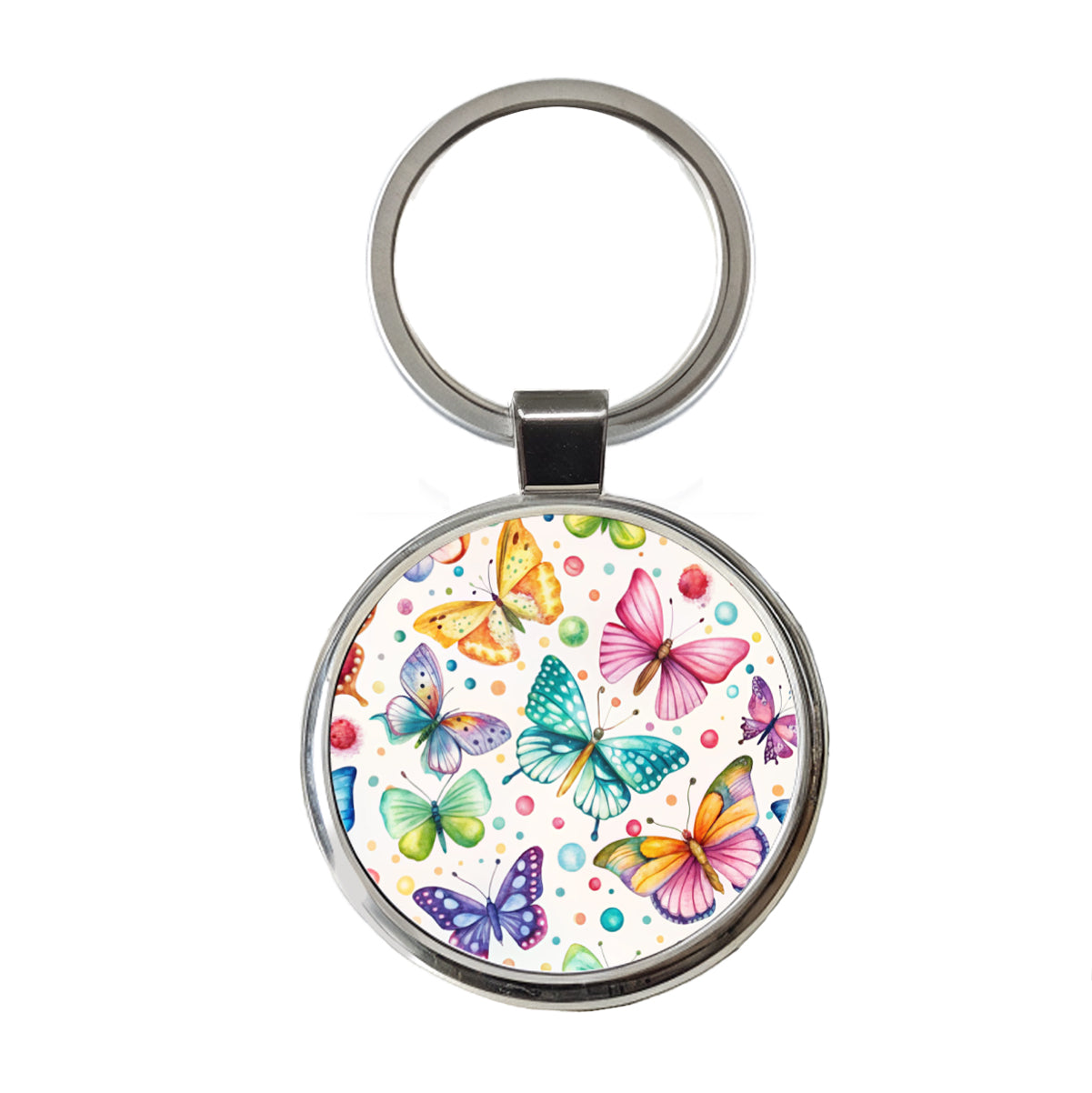 Butterflies Polka Dots Watercolor Round Metal Keychain