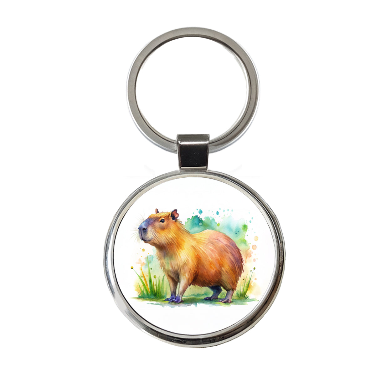 Capybara Watercolor Round Metal Keychain
