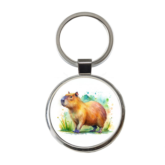 Capybara Watercolor Round Metal Keychain