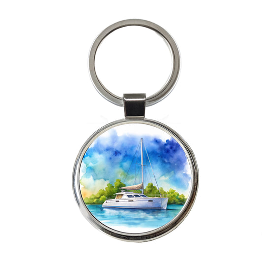 Catamaran At Sea Watercolor Design Round Metal Keychain