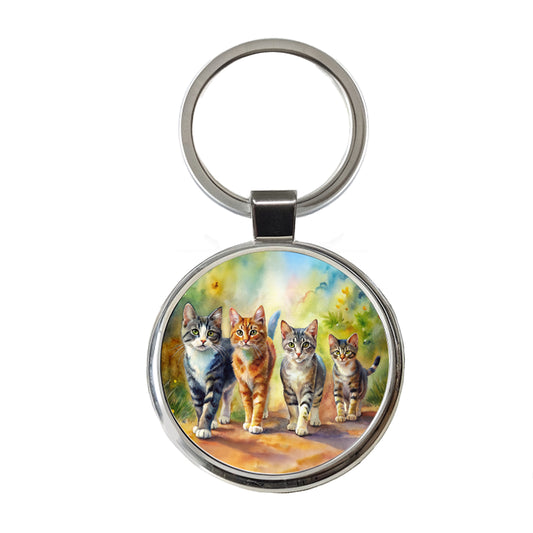 Cats Walking Watercolor Round Metal Keychain