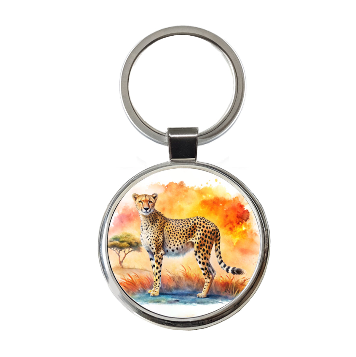 Cheetah African Plain Watercolor Design Round Metal Keychain