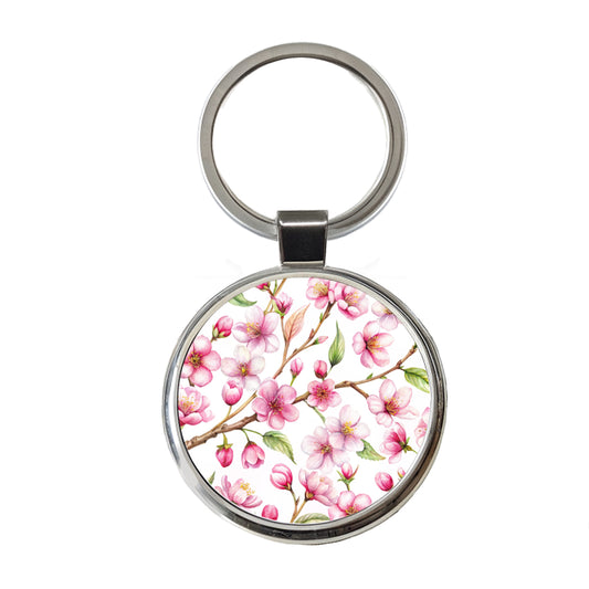 Cherry Blossom Flowers White Round Metal Keychain