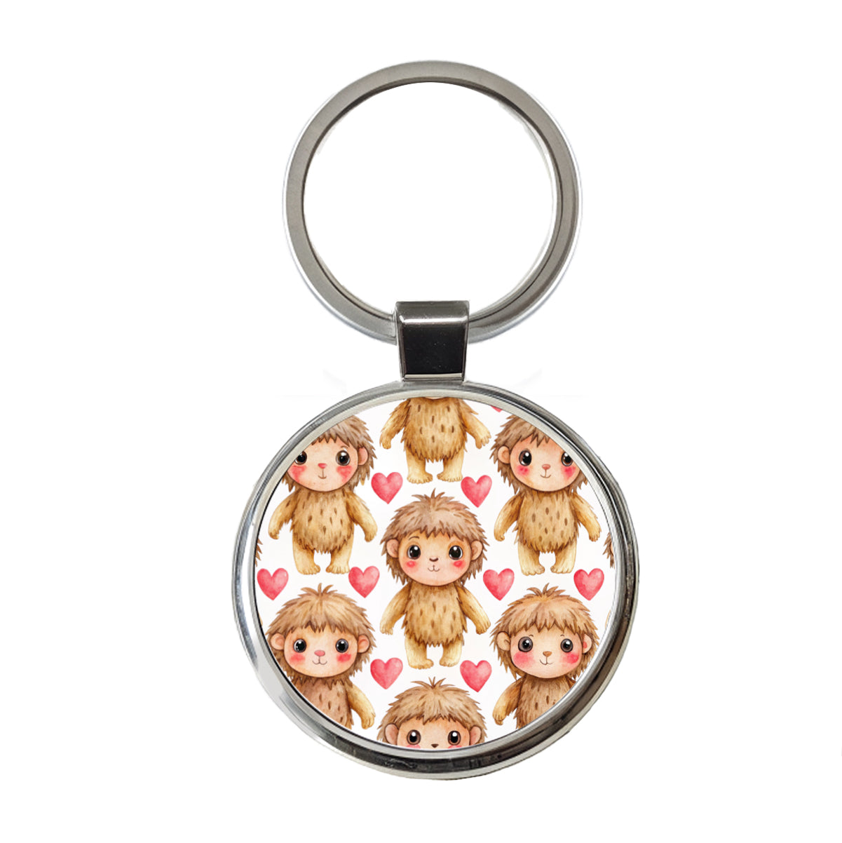 Chibi Sasquatch Big Foot Hearts Watercolor Round Metal Keychain