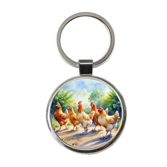 Chickens Walking Around Watercolor Round Metal Keychain