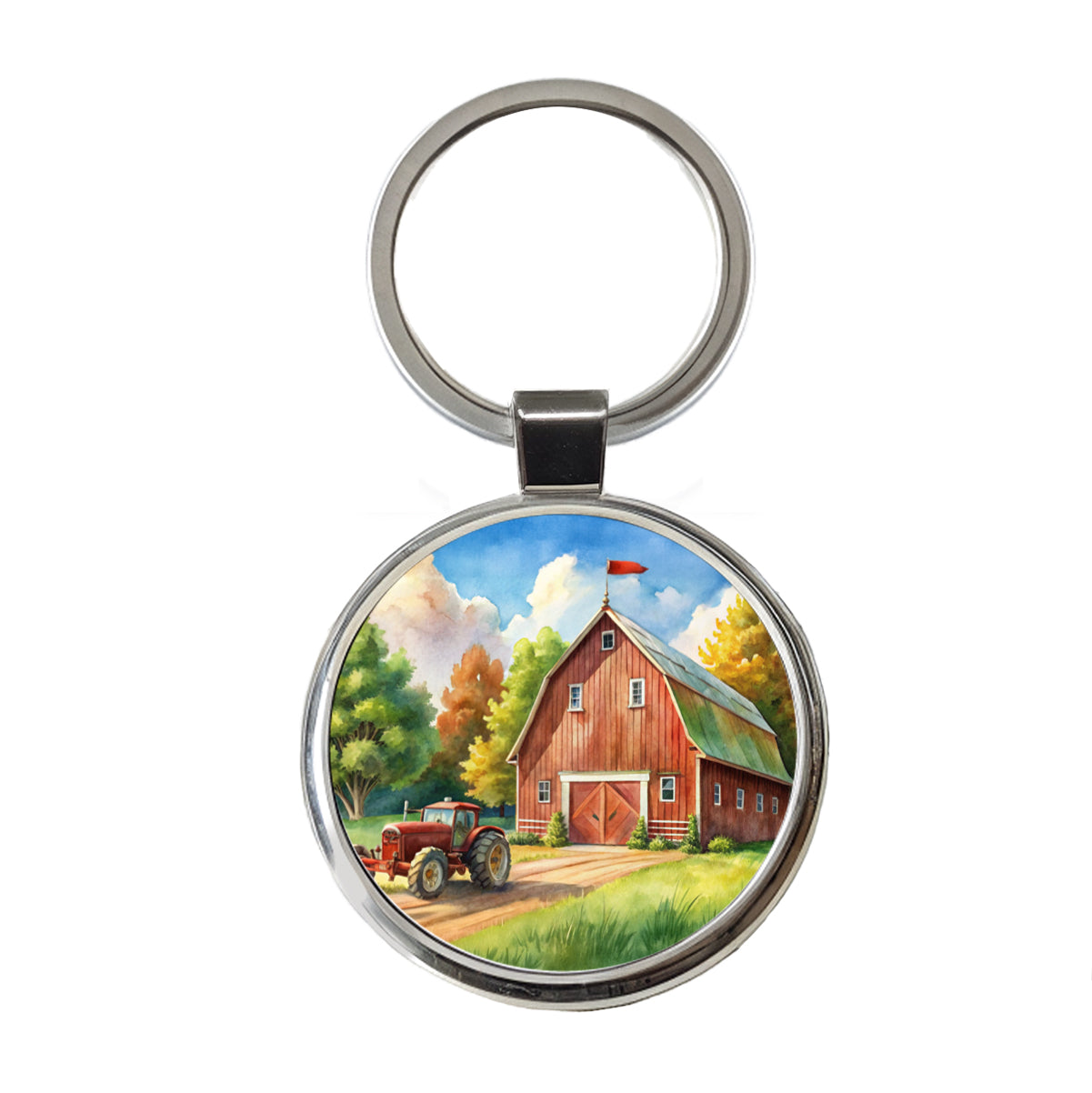 Classic Barn Tractor Watercolor Design Round Metal Keychain