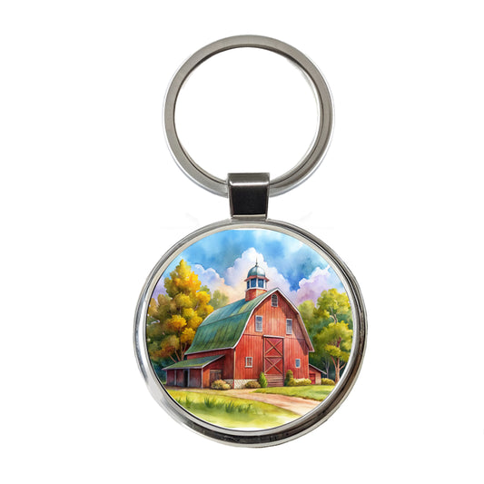 Classic Red Barn Watercolor Round Metal Keychain