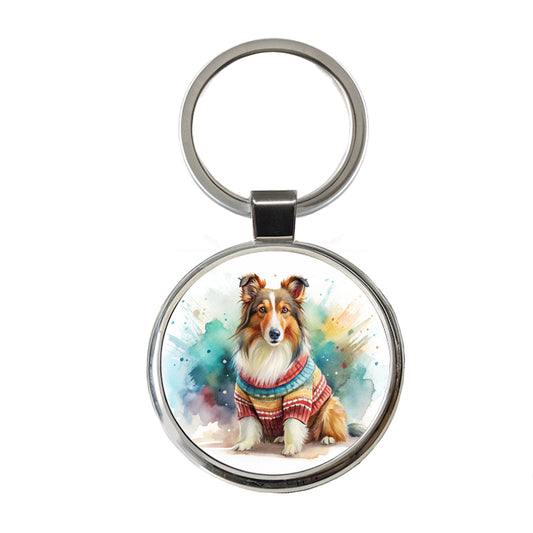 Collie Dog Wearing A Sweater Watercolor Round Metal Keychain