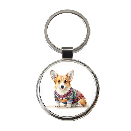 Corgi Dog Wearing A Sweater Watercolor Round Metal Keychain