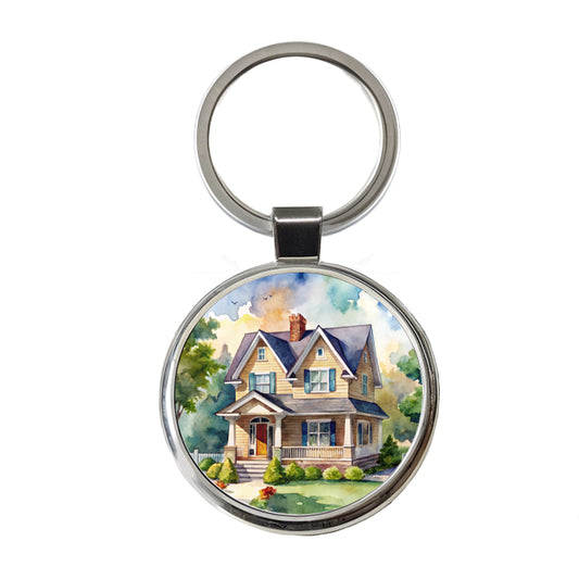 Country Farm House Painting Watercolor Round Metal Keychain
