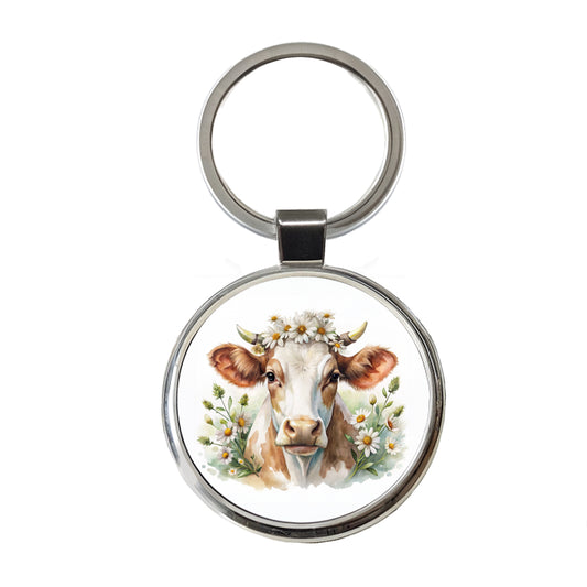 Cow Watercolor With Daisies Round Metal Keychain