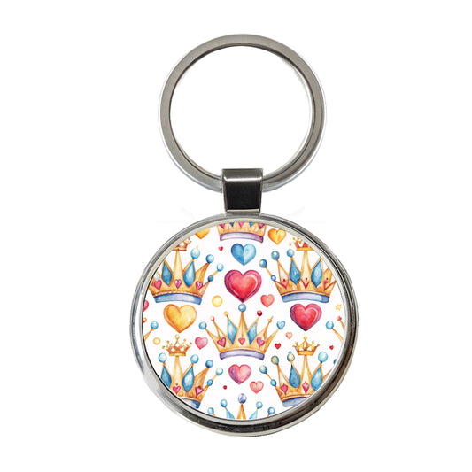 Crowns Royalty Tiaras Hearts Watercolor Round Metal Keychain