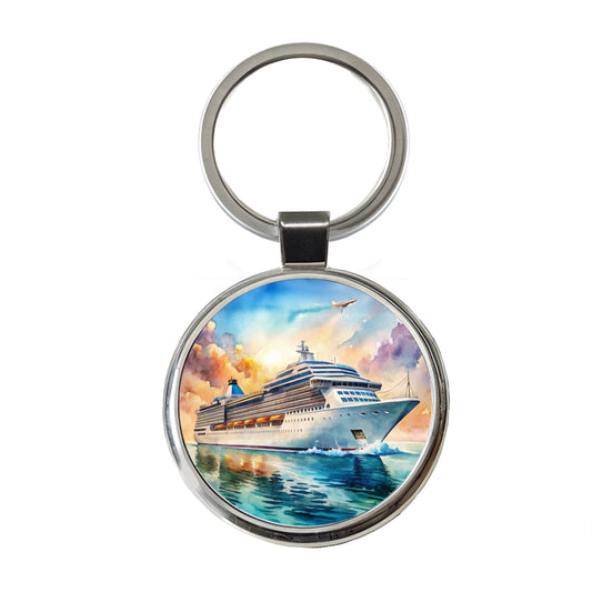 Cruise Ship At Sea Bon Voyage Watercolor Round Metal Keychain