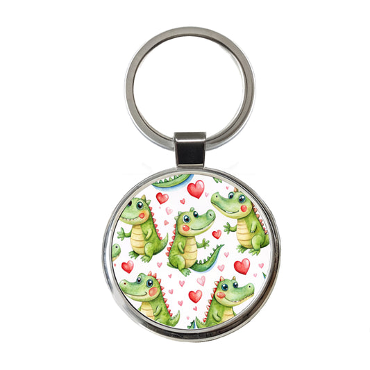 Cute Alligator Crocodiles Hearts Watercolor Round Metal Keychain
