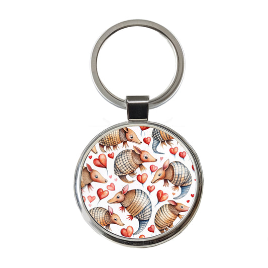Cute Armadillos Hearts Watercolor Round Metal Keychain