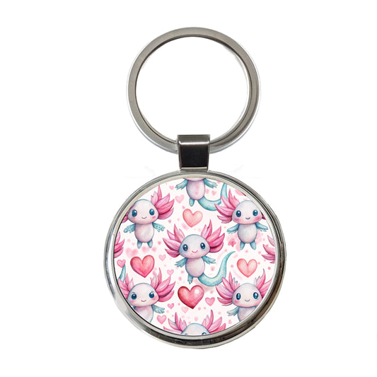 Cute Axolotls Hearts Watercolor Round Metal Keychain