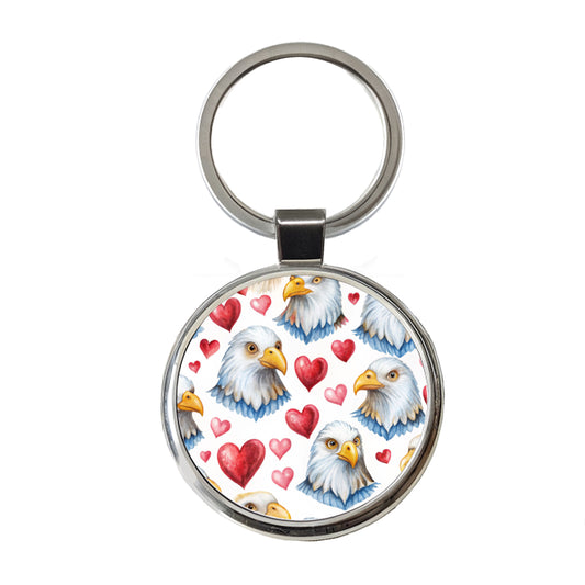 Cute Bald Eagles Hearts Watercolor Round Metal Keychain